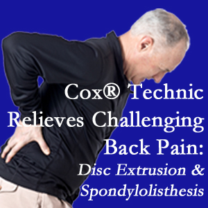 Pflugerville chiropractic care with Cox Technic alleviates back pain due to a painful combination of a disc extrusion and a spondylolytic spondylolisthesis.